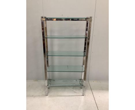 A contemporary chrome and glass four tier shelf unit, width 92cm, depth 31cm, height 175cm