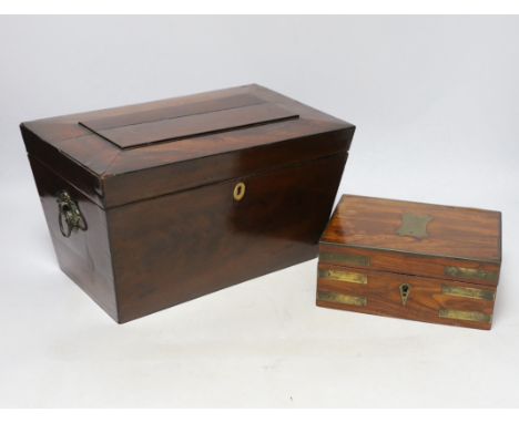A small 19th century brass mounted padouk box and a Regency mahogany tea caddy,  largest 30cm wide x 16.5cm high
