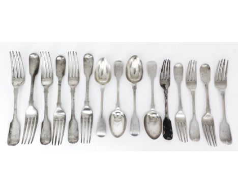 Six Victorian silver fiddle pattern table forks, five matching dessert forks, four dessert spoons, and a sauce ladle, by Chaw