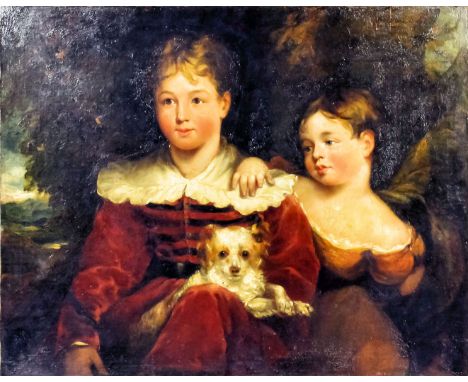 Style of Thomas Beach (1738-1806) - Oil painting - Shoulder length portrait of two children and dog, canvas laid on board 28i