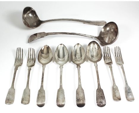 Four William IV silver fiddle pattern table spoons, by William Eaton, London 1835, a selection of other silver fiddle pattern