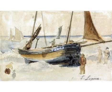 Stanislas Lepine (1835-1892) - Watercolour sketch - Beach scene with fishermen and fishing boat, 6.25ins x 9.75ins, signed, i