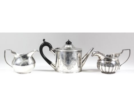 A George III silver circular tea pot of "Neo-Classical" design with plain domed cover within band of engraved scroll ornament