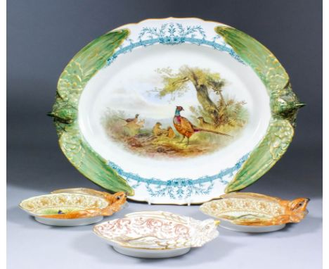 A late 19th Century Royal Worcester "Vitrious" bone china moulded oval game serving dish, the centre transfer printed, painte