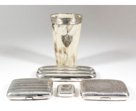 A George V silver three-division cigar case with oval cartouche and engine turned ornament, 5.25ins x 2.5ins, by Joseph Glost