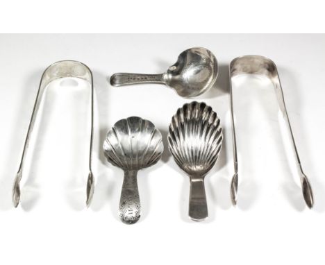 Three George III silver caddy spoons - with shell bowl and bright cut handle, engraved with initials "B. L. H.", by William C