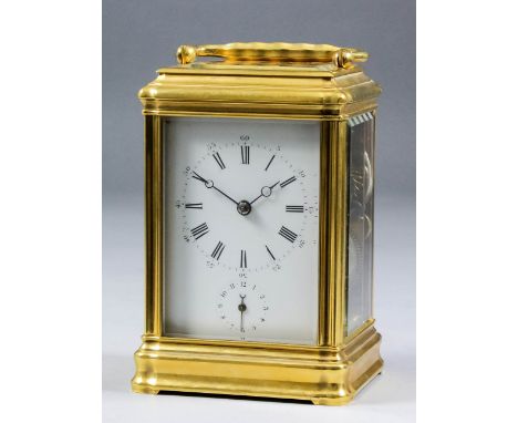 A late 19th Century carriage clock with alarum by Drocourt of Paris, No. 10514, the white enamel dial with Roman and Arabic n