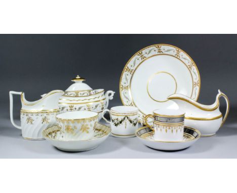 A mixed collection of early 19th Century English bone china in white and gold, including - a two-handled sucrier and cover, p