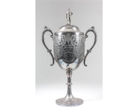 A late Victorian plated two-handled prize cup and cover - "Omro District Football Association season 1898", with bead mounts 