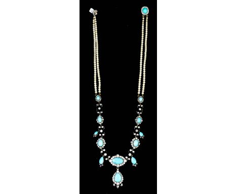 An early 20th Century gold coloured metal mounted turquoise diamond and seed pearl necklace, set with thirteen cabochon turqu