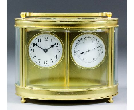 A 20th Century gilt brass cased desk carriage timepiece and aneroid barometer, each with 1.75ins diameter white enamel dial, 