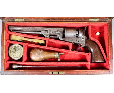 A cased .36 calibre Colt, London 1851 "Army Model" six shot revolver, Serial No. 40821 (dating to 1855), the 7.5ins barrel st