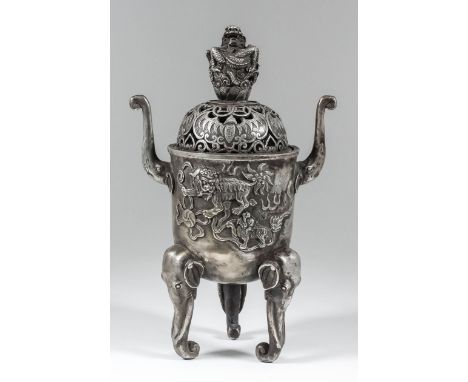 A Chinese plated metal "Elephant" censer and cover, the pierced cover with dragon and cloud pattern finial and cast with bats