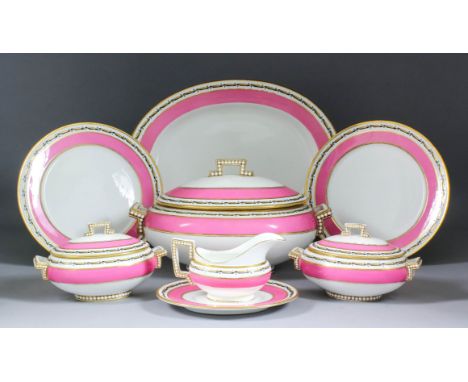 A late 19th Century English bone china part dinner service painted with pink bands and a gilt ribbon design (seventy-seven pi