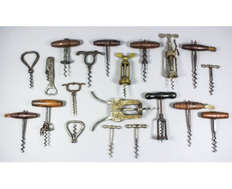 A collection of twenty 19th/20th Century corkscrews, including - a rack and pinion, a Magic Lever cork drawer, a turned rosew