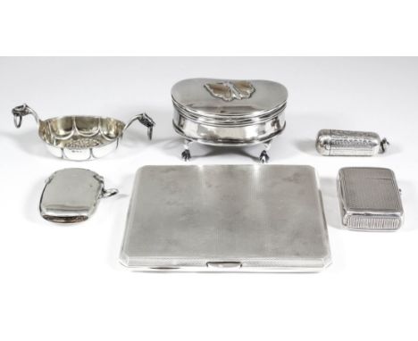 An Edward VIII silver rectangular cigarette case with engine turned ornament, the gilt interior engraved with inscription, 4i