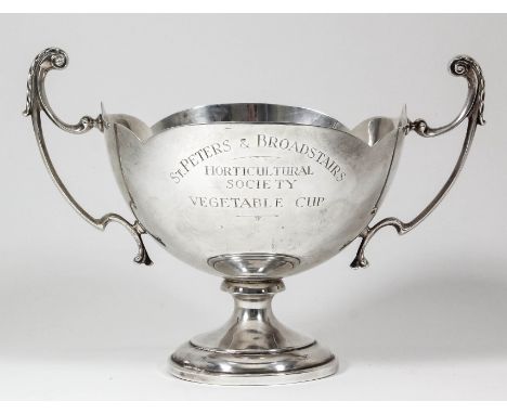 A George V silver two-handled prize cup - "St. Peter's and Broadstairs Horticultural Society Vegetable Cup", the plain bowl w