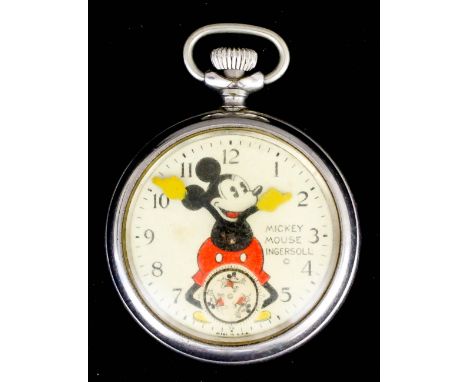 A 1930s Ingersoll Watch Company "Mickey Mouse" pocket watch, No. 85219766, the white dial with Arabic numerals and decorated 