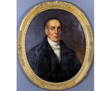 19th Century English school - Oil painting - Half length portrait of a gentleman wearing a black coat, oval canvas 29ins x 24