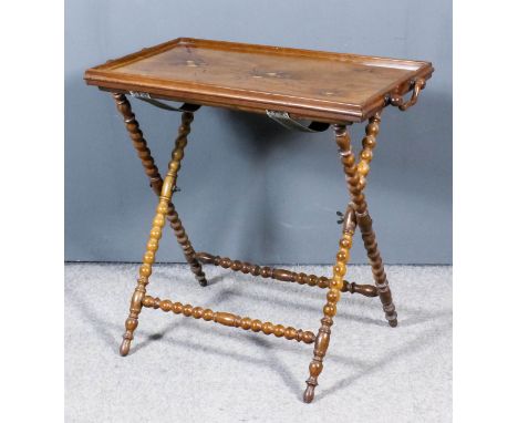 A late 19th/early 20th Century Italian olivewood rectangular two-handled tray, the marquetry top inlaid with housemartins and