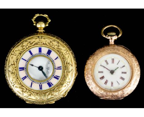 An early 20th Century lady's 18k gold and enamel half hunting cased pocket watch, engraved "Staden &amp; Roe, 37 Old Bond Str