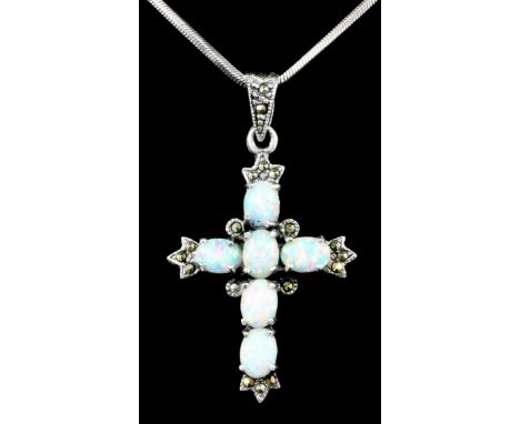 A silvery coloured metal mounted opal and paste set cross pattern pendant, set with six oval opals, 45mm x 26mm, on silvery m