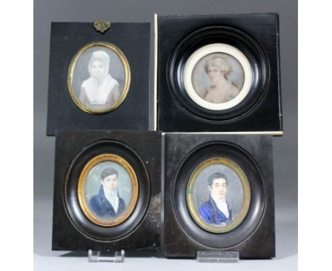 Early 19th Century English school - Shoulder length miniature portrait of a young man wearing white cravat and blue coat, 2.7