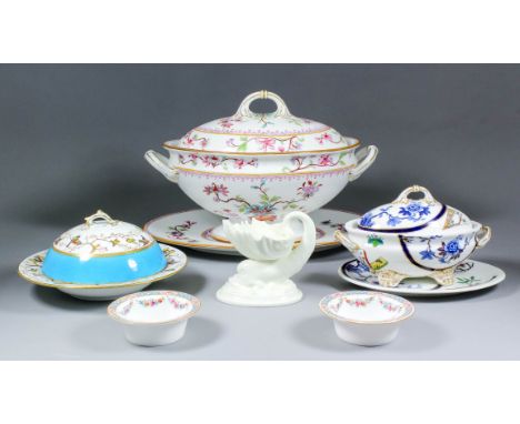 A late 19th Century Royal Worcester bone china two-handled oval tureen, cover and stand, printed and painted with trailing fl
