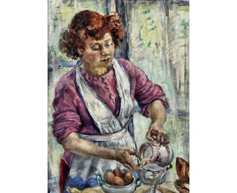 ***Dorothy Duval (1917-?) - Two oil paintings - "French Housewife" - Portrait of lady baking, artist's board 16ins x 12ins, s
