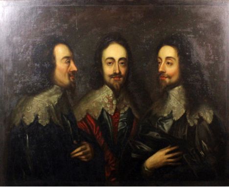 H. Stone (19th Century British) after Van Dyke (1599-1641) - Oil painting - Triple shoulder length portrait of Charles I in d
