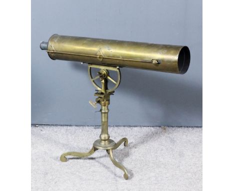 A 19th Century lacquered brass cylindrical telescope, on brass adjustable stand with turned and panelled column and three fol