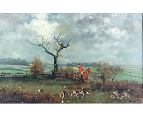 Francis Kenneth Elwell (1905-1944) - Oil painting - Fox hunting scene with huntsman and hounds, canvas 18ins x 12ins, signed 
