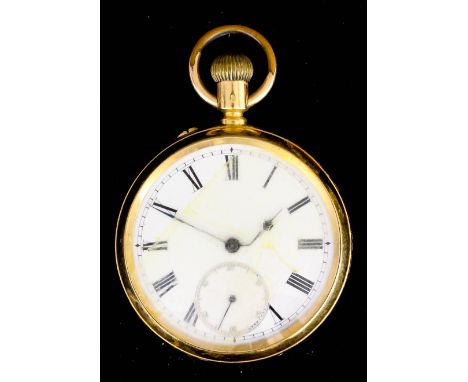 A gentleman's 18ct gold cased open faced keyless pocket watch, the white enamel dial with Roman numerals and subsidiary secon