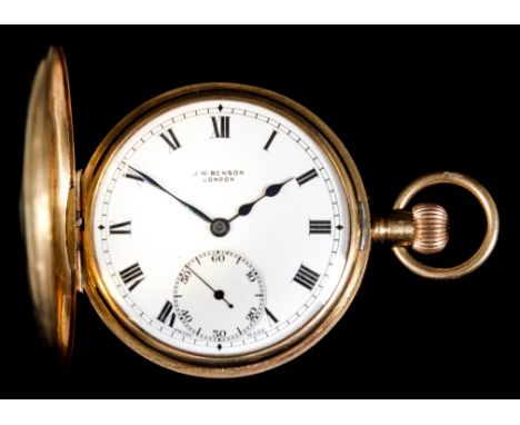 A George V gentleman's 9ct gold half hunting cased keyless pocket watch retailed by J. W. Benson of London, the white enamel 