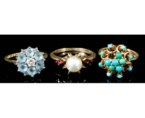 An 18ct gold mounted pearl and gem set ring, and two other 18ct gold and gem set rings, various (gross weight 12.5 grammes)