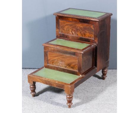 A Victorian mahogany three-step bedside commode, the treads now inlaid with green tooled leather, with two lifting compartmen