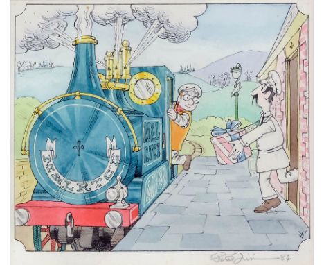 ***Peter Firmin (1928-2018) - Ink and watercolour - Jones the Steam getting into Ivor the Engine while Dai Station rushes out