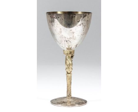 An Elizabeth II silver and silver gilt goblet with plain bowl, on stem cast with a seated bull and circular footrim, 6ins hig