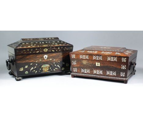 A Victorian coromandel wood and mother of pearl inlaid rectangular tea caddy of sarcophagus form, inlaid with floral and scro