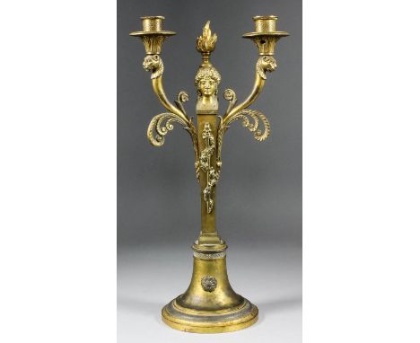 A 19th Century Continental gilt brass Empire style two-light candelabrum, 16.25ins high