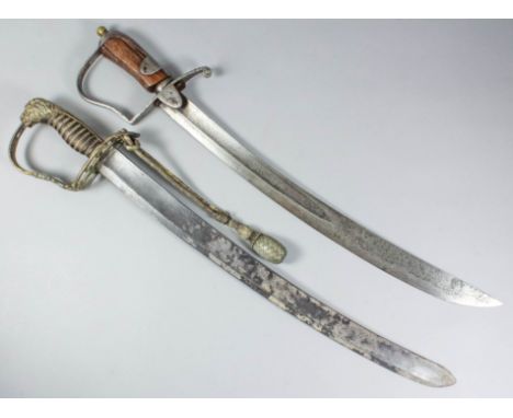 Two 1796 pattern Light Cavalry sabres, the British cut down 21ins bright steel blade by Woolley &amp; Deakin of Birmingham, t