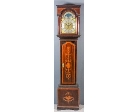 An inlaid mahogany longcase clock, the 12ins arched brass dial signed "Charles Horwood of Bristol", the wide silvered chapter