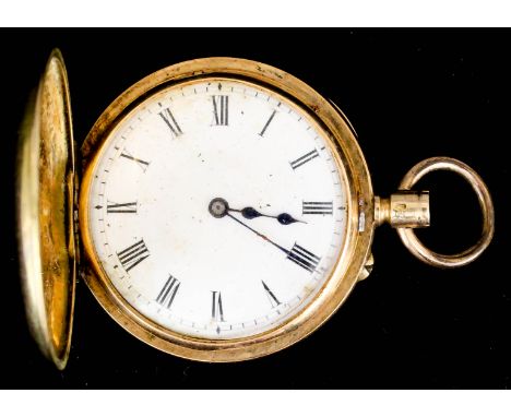 An early 20th Century Continental lady's 14k gold half hunting cased keyless lever pocket watch, the white enamel dial with R