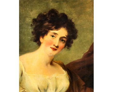Manner of Sir Thomas Lawrence (1769-1830) - Oil painting - Shoulder length portrait of a young woman, relined canvas 19.5ins 