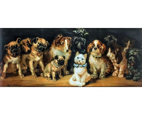 After Louis Wain (1860-1939) - Coloured lithograph - A kitten surrounded by a group of dogs, 16ins x 38ins, in ebonised frame