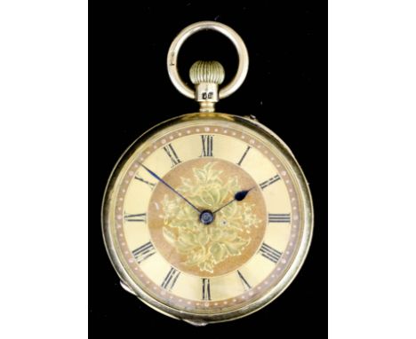 A late Victorian lady's 18ct gold cased open front keyless pocket watch by G. L. Kirby of Leicester, No. 143425, the matted g