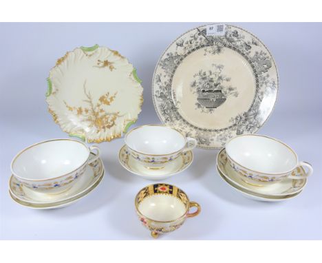 Three 19th Century Bloor Derby cups and saucers, 19th Century Imari cup, Victorian Doulton plate and a Limoges plate (11)   C