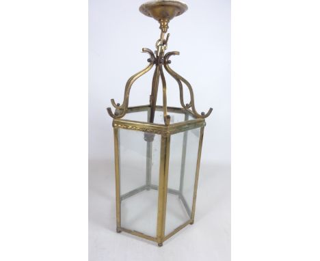 Brass hexagonal hall lantern, H43cm    Condition Report   Click here for further images, condition, auction times & delivery 