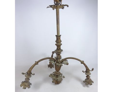 Late 19th/ early 20th Century three branch centre light fitting with acanthus leaf decoration, H60cm    Condition Report   Cl