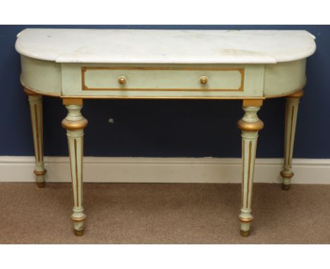 20th century parcel gilt console table, moulded break front white marble top, single drawer, turned and reeded supports, W121